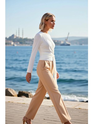 Benerly Kadın Bluz Regular Kalıp Bisiklet Yaka Uzun Ispanyol Kol Bağlama Detaylı Düz Renk Ribana Örme