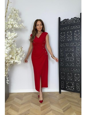 G1742 Düğme Detaylı Kalem Elbise Kırmızı