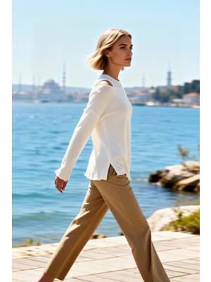 Benerly Kadın Büyük Beden Bluz Kayık Yaka Omuz Dekolteli Düşük Kol Uzun Ince Triko Düz Kalıp Rahat