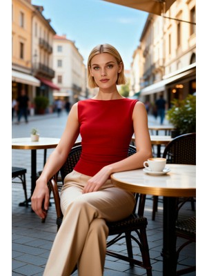 Benerly Kadın Bluz Fitted Kayık Yaka Kolsuz Örme Ribana Kumaş Vücuda Oturan Regular Boy Yazlık