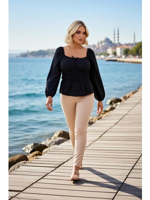 Benerly Kadın Büyük Beden Bluz Kare Yaka Uzun Balon Kol Dokuma Kumaş Gipeli Bel Fiyonk Detaylı Düz Desen