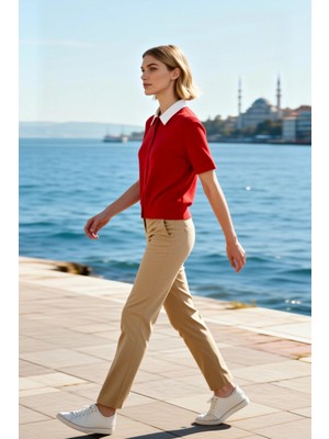 Benerly Kadın Bluz Gömlek Triko Yaka Kısa Kol Renk Bloklu Ince Dokuma Tek Plaka Standart Kalıp Şık