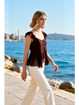 Benerly Kadın Bluz V Yaka Fırfırlı Kol Crop Tül Örme Düğmeli Fitted Düz Desenli Yazlık Tasarım Şık