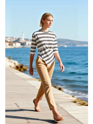 Benerly Kadın Bluz Relaxed Kalıp Bisiklet Yaka Düşük Kol Truvakar Çizgili Desen Örme Kumaş Astarsız Uzun Boy