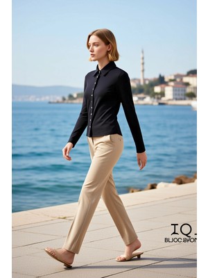 Benerly Kadın Bluz Vücuda Oturan Polo Yaka Uzun Kol Full Düğmeli Esnek Örme Kumaş Interlok Dokuma Şık