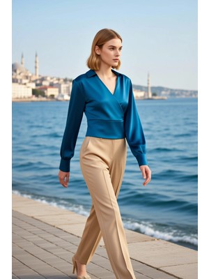 Benerly Kadın Bluz Gömlek Fitted Kruvaze V Yaka Uzun Kol Manşetli Saten Dokuma Regular Boy Estetik