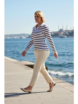 Benerly Kadın Büyük Beden Bluz Polo Yaka Standart Kol Çizgili Örme Esnek Dar Kalıp Süprem Dokulu Crop Boy