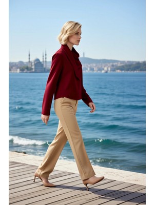 Benerly Kadın Bluz Şal Detaylı Degaje Yaka Uzun Standart Kol Dokuma Krep Kumaş Regular Kalıp Fermuarlı