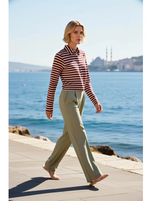 Benerly Kadın Bluz Fitted Kesim Polo Yaka Uzun Kol Çizgili Selanik Örme Kumaş Düğme Kapatmalı Spor