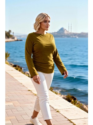 Benerly Kadın Büyük Beden Bluz Kayık Yaka Uzun Ispanyol Kol Dokulu Örme Fitted Kalıp Crop Kesim Şık