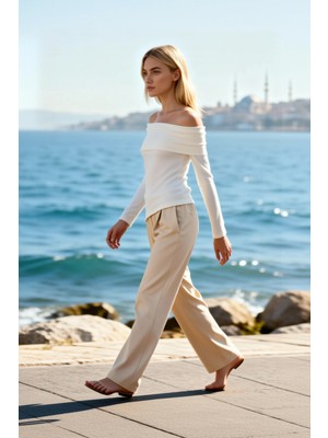 Benerly Kadın Bluz Carmen Yaka Uzun Kol Fitted Kalıp Vücuda Oturan Örme Kaşkorse Asimetrik Kesim Düz Desen