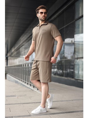Madmext Haki Yarım Fermuarlı Polo Yaka T-Shirt Şort Takım E7348
