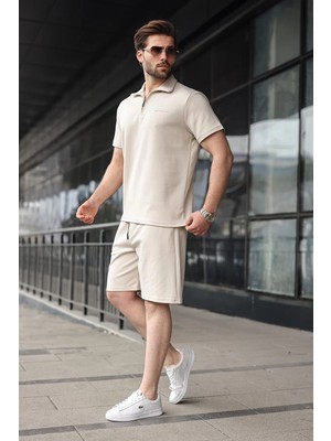 Madmext Bej Yarım Fermuarlı Polo Yaka T-Shirt Şort Takım E7348