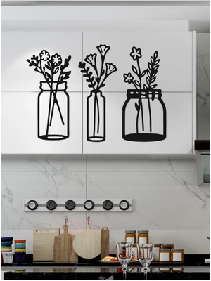 Mcg Çiçekli Kavanozlar - Ahşap Mutfak Duvar Dekoru (3 Lü Set)