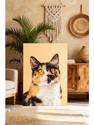 Mushen Studio Üç Renkli Calico Kedi Portresi Tablo - Sarı Fonlu Sarı Gözlü Sevimli Kedi Duvar Sanatı