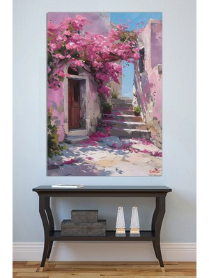 Mushen Studio Pembe Çiçekli Dar Sokak Kanvas Tablo Yağlı Boya Efektli Yunan Adası Duvar Dekoru
