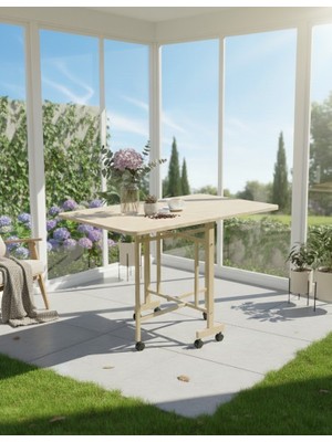 Alchair Almira 70 x 110 Traverten Açılabilir Katlanabilir Tekerlekli Mutfak Çalışma Masası Vizon Metal Ayak