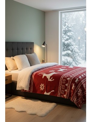 Lorvian Noletti Kırmızı Yılbaşı Desenli Pamuklu Yumuşak Dokulu Çift Kişilik Battaniye