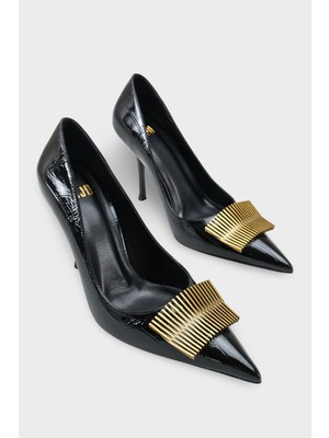 LOJO Kadın Stiletto Sivri Burun Altın Toka Detaylı Günlük Topuklu Ayakkabı Corso Siyah Kroko