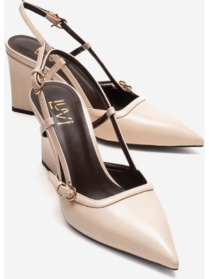 Luvi Celıa Ekru Cilt Sivri Burunlu Kadın Dolgu Topuklu Ayakkabı