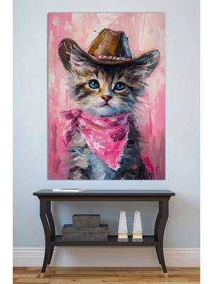 Mushen Studio Sevimli Kovboy Kedisi Kanvas Tablo Pembe Yağlı Boya Efektli Çocuk Odası Duvar Dekoru