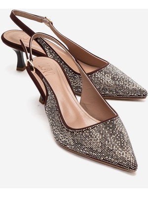 Luvi Nella Kahverengi Altın Taşlı  Kadın Topuklu Ayakkabı