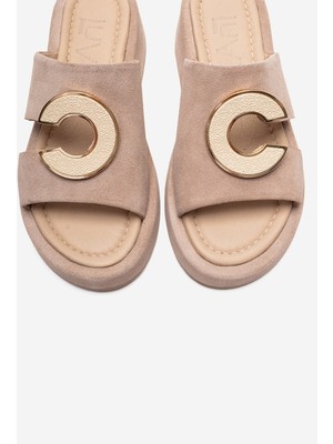 Luvi Blaze Bej Süet Hakiki Deri Kadın Terlik