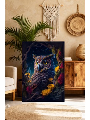 Mushen Studio Büyük Gözlü Baykuş Portresi Tablo - Gece Ormanı Yıldızlı Baykuş Duvar Sanatı