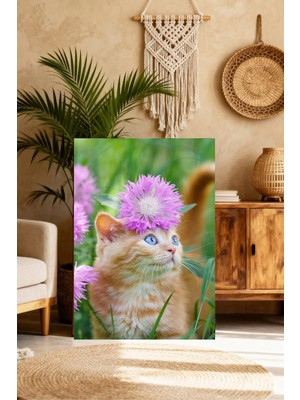 Mushen Studio Pembe Çiçek Taçlı Turuncu Yavru Kedi Tablo - Bahçe Çiçekli Sevimli Kedi Portresi Duvar Sanatı