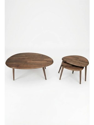 Masif Ahşap Asimetrik Orta Sehpa ve 2'li Zigon Yan Sehpa Takımı