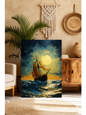 Mushen Studio Fırtınalı Denizde Yelkenli Gemi Tablo - Dolunaylı Gece Deniz Manzarası Duvar Sanatı