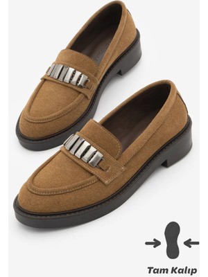Marjin Kadın Loafer Makosen Tokalı Günlük Ayakkabı Vilyum Taba Süet