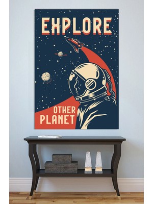 Mushen Studio Astronot Explore Other Planet Retro Poster Kanvas Tablo Yağlı Boya Efektli Uzay Duvar Dekoru