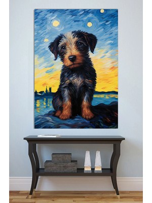 Mushen Studio Van Gogh Yıldızlı Gece Köpek Yavrusu Kanvas Tablo Yağlı Boya Efektli Sevimli Duvar Dekoru