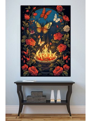 Mushen Studio Ateş Çukuru ve Kelebekler Kanvas Tablo Yağlı Boya Efektli Mistik Bahçe Duvar Dekoru