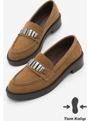 Marjin Kadın Loafer Makosen Tokalı Günlük Ayakkabı Vilyum Taba Süet