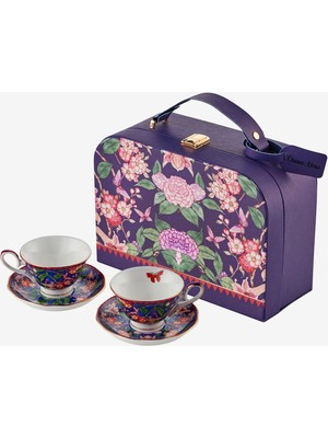 Chiara Alessi Flower Garden Mavi Porselen Deri Çantalı Kahve Fincan Seti 90 ml