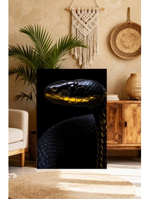 Mushen Studio Sarı Boğazlı Siyah Yılan Portresi Tablo -   Pullu Yılan Yakın Çekim Duvar Sanatı