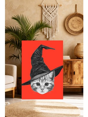 Mushen Studio Şapkalı Sevimli Kedi Tablo - Cadı Şapkası Kedi Portresi Duvar Sanatı