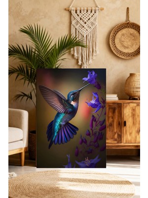 Mushen Studio Mavi Kuş Portresi Tablo - Çiçek Koklayan Hummingbird Duvar Sanatı