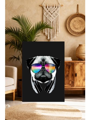 Mushen Studio Cool Pug Dj Kulaklıklı Neon Gözlük Retro Hayvan Portresi Tablo - Eğlenceli Duvar Dekoru