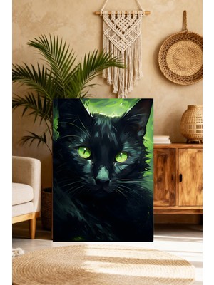 Mushen Studio Yeşil Gözlü Siyah Kedi Portresi Tablo - Neon Işıklı   Kedi Duvar Sanatı