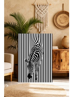 Mushen Studio Siyah Beyaz Çizgili Zebra Portresi Tablo - Optik Illüzyon Zebra Duvar Sanatı