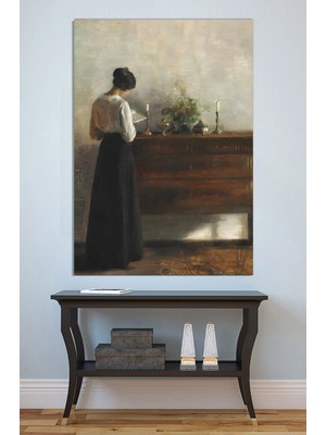Mushen Studio Mum Işığında Mektup Yazan Kadın Tablo - Nostaljik Yağlıboya Tarzı Romantik Portre Duvar Sanatı