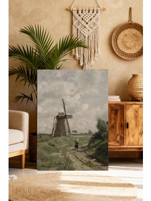 Mushen Studio Hollanda Değirmeni Kırsal Yol Kanvas Tablo Yağlı Boya Efektli Peyzaj Duvar Dekoru