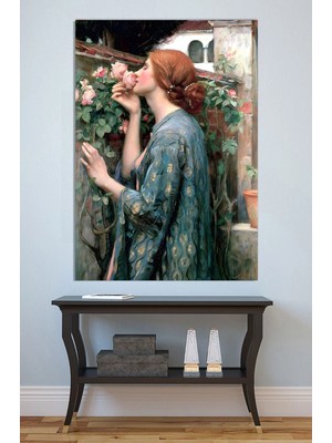 Mushen Studio Kızıl Saçlı Kadın Gül Kokluyor Kanvas Tablo Yağlı Boya Efektli Romantik Duvar Dekoru