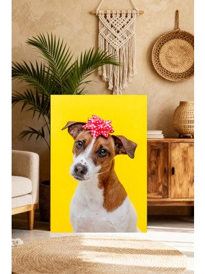 Mushen Studio Kırmızı Fiyonk Takmış Jack Russell Terrier Tablo - Sarı Fonlu Sevimli Köpek Portresi Duvar Sanatı