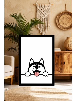 Mushen Studio Duvara Bakınan Sevimli Husky Tablo - Çit Üstünden Meraklı Köpek Portresi Duvar Sanatı
