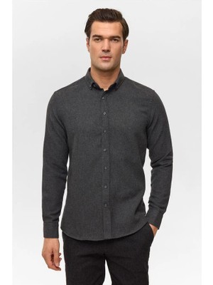 Süvari Siyah Slim Düğmeli Yaka Düz Casual Gömlek