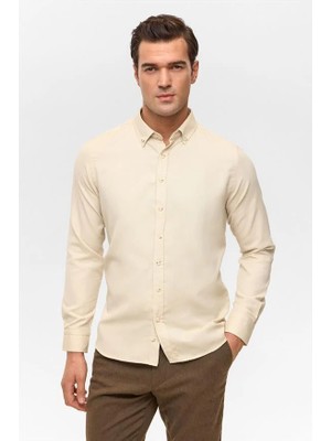 Süvari Bej Slim Düğmeli Yaka Cepsiz Casual Gömlek